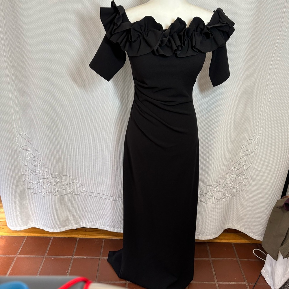 Xscape Elegant Black Ruffled Off the Shoulder Maxi Dress